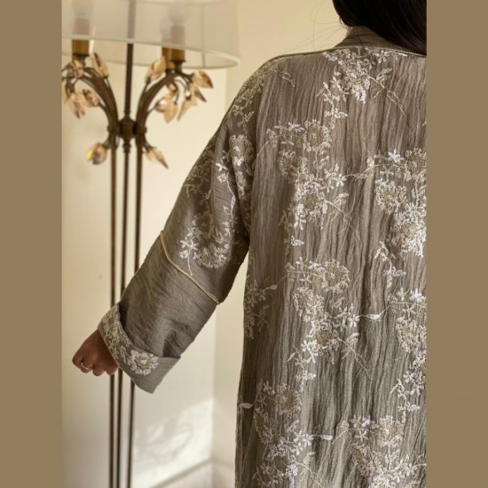 Grey Women's Abaya With floral Golden Embroidery